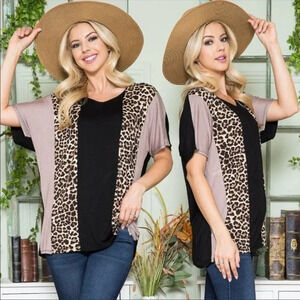 Leopard Color Block Top | Boho Animal Print V-Neck Soft Blouse